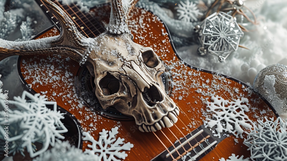 A detailed deer skull with antlers rests on an acoustic guitar, surrounded by intricate snowflakes and festive winter decorations, creating a mystical holiday atmosphere. AI generated.