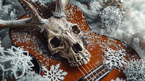 Obraz na płótnie A detailed deer skull with antlers rests on an acoustic guitar, surrounded by intricate snowflakes and festive winter decorations, creating a mystical holiday atmosphere. AI generated. w salonie