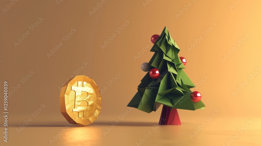 A festive digital rendering featuring an origami-style Christmas tree decorated with red ornaments, standing next to a golden Bitcoin coin. A minimalist holiday concept with financial symbolism. AI