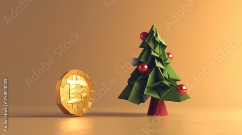 Obraz na płótnie A festive digital rendering featuring an origami-style Christmas tree decorated with red ornaments, standing next to a golden Bitcoin coin. A minimalist holiday concept with financial symbolism. AI w salonie