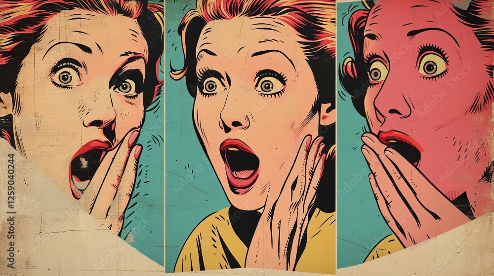 A colorful pop art triptych featuring a woman with a shocked expression in a vintage comic style. The bold palette of blue, yellow, and pink enhances the dramatic emotion. AI generated.