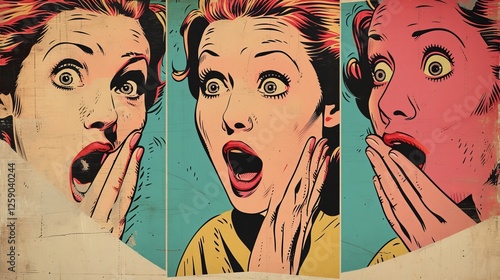 Obraz na płótnie A colorful pop art triptych featuring a woman with a shocked expression in a vintage comic style. The bold palette of blue, yellow, and pink enhances the dramatic emotion. AI generated. w salonie