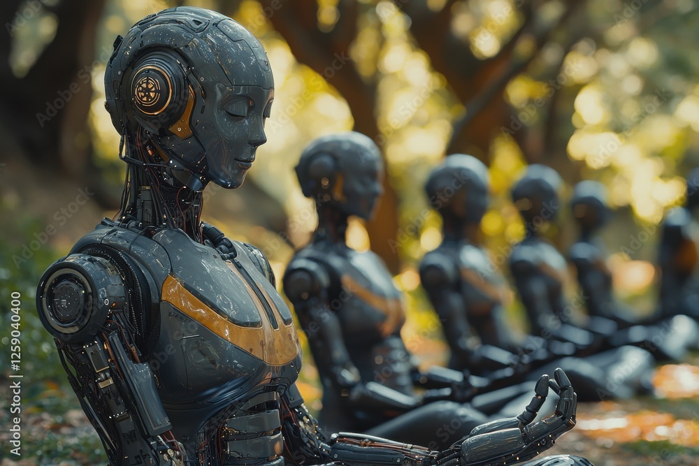 Robots practicing meditation in a serene outdoor setting during the golden hour Robots practicing meditation in a serene outdoor setting during the golden hour