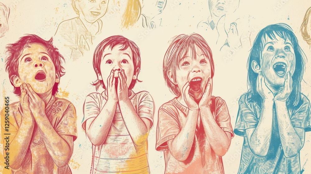 Vibrant artistic depiction of four children showing surprise, with a mix of warm and cool tones creating a dynamic composition. AI generated.