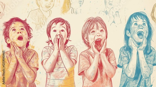 Vibrant artistic depiction of four children showing surprise, with a mix of warm and cool tones creating a dynamic composition. AI generated.