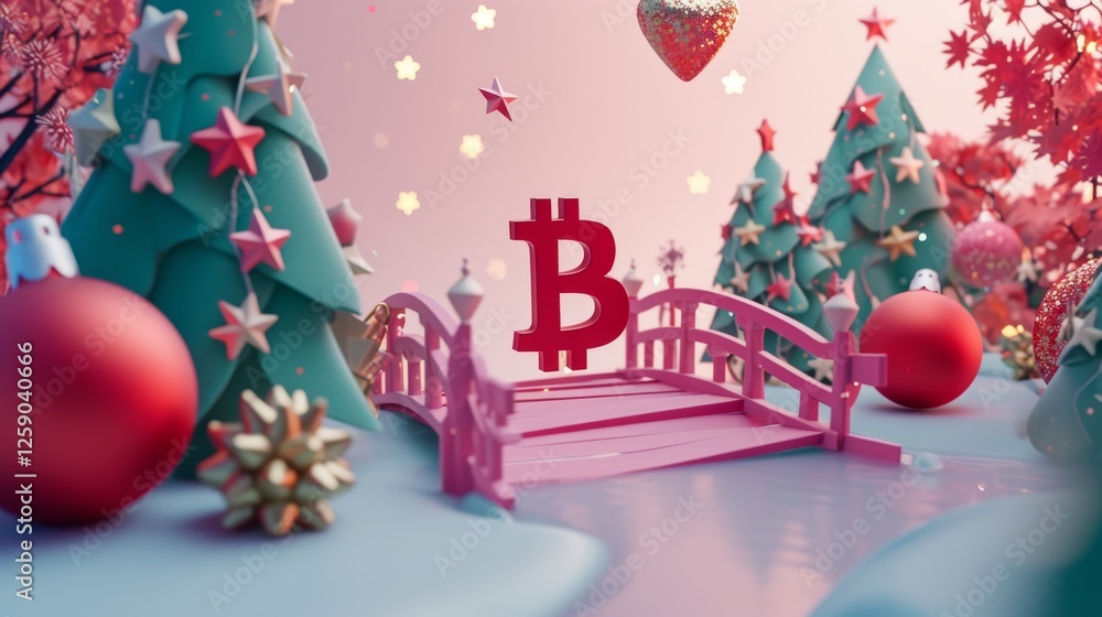 A pink decorative bridge featuring a bold Bitcoin symbol is set in a pastel-colored winter wonderland, adorned with Christmas trees, ornaments, and floating stars, blending tech and holiday magic. AI