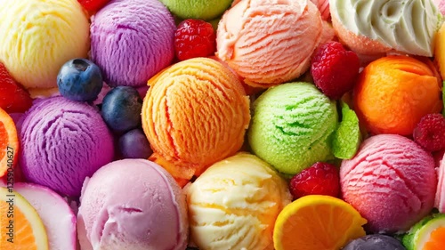 A background completely filled with mixed fruit sorbet scoops in a rainbow of colors, tightly packed together to create a refreshing, cold surface.