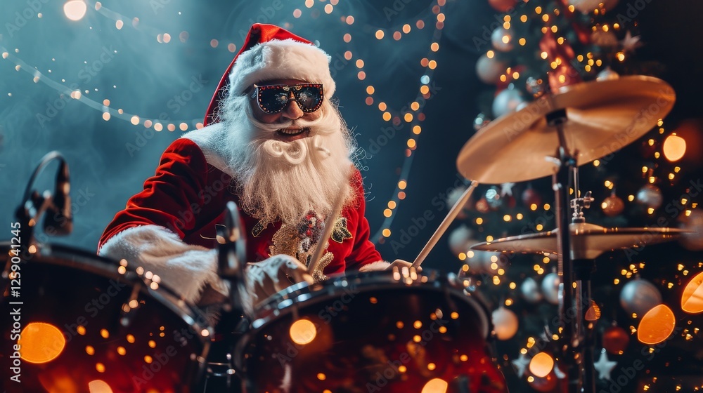 Santa Claus, in stylish sunglasses, rocks out on the drums with dazzling Christmas lights in the background. A cool and energetic holiday scene. AI generated.