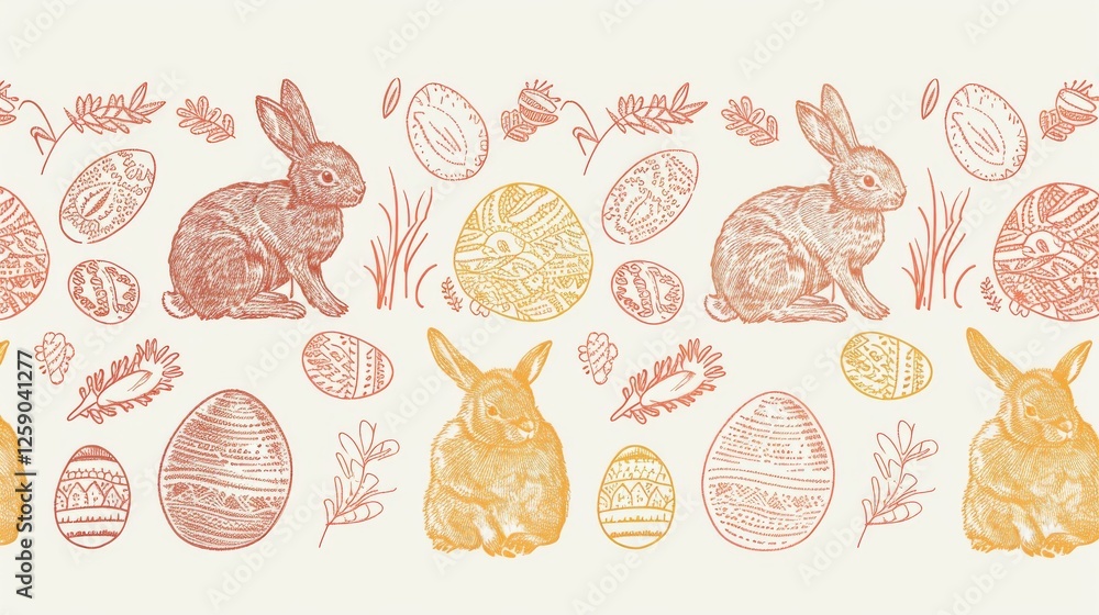 Seamless vintage Easter pattern featuring hand-drawn rabbits, decorated eggs, and botanical elements in warm earthy tones. Ideal for festive prints, textiles, and backgrounds. AI generated.