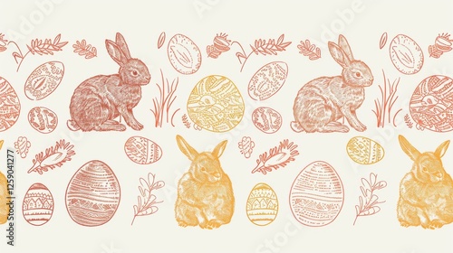 Obraz na płótnie Seamless vintage Easter pattern featuring hand-drawn rabbits, decorated eggs, and botanical elements in warm earthy tones. Ideal for festive prints, textiles, and backgrounds. AI generated. w salonie