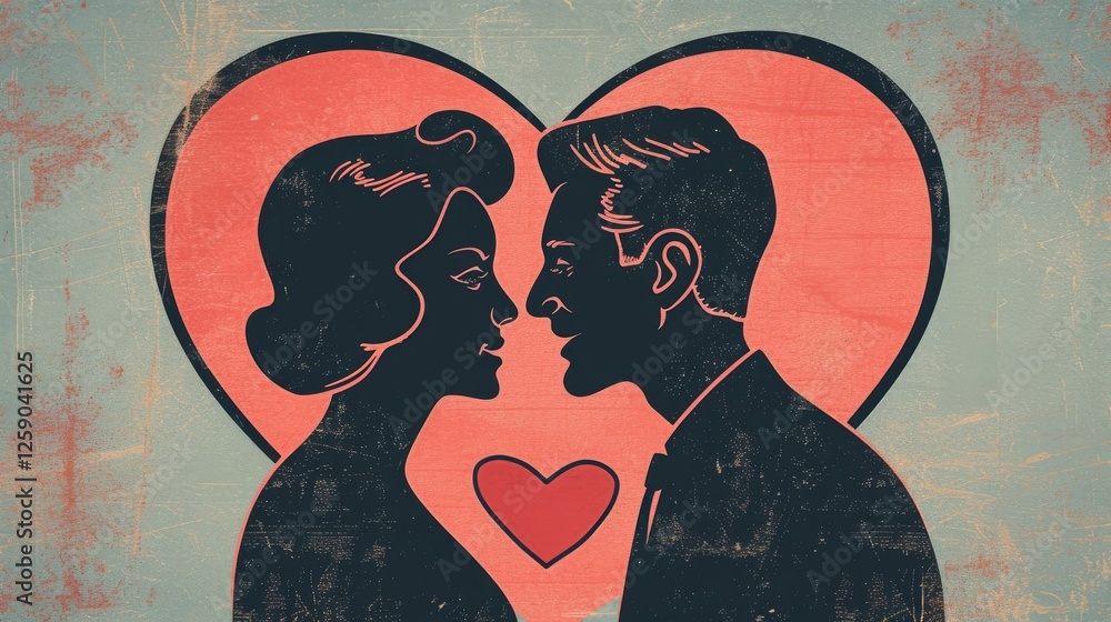 A nostalgic retro-style illustration of a romantic couple gazing into each other