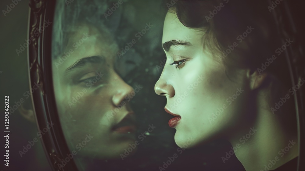 A striking conceptual image of a woman staring at her reflection in a dimly lit mirror, evoking themes of introspection, mystery, and duality. AI generated.