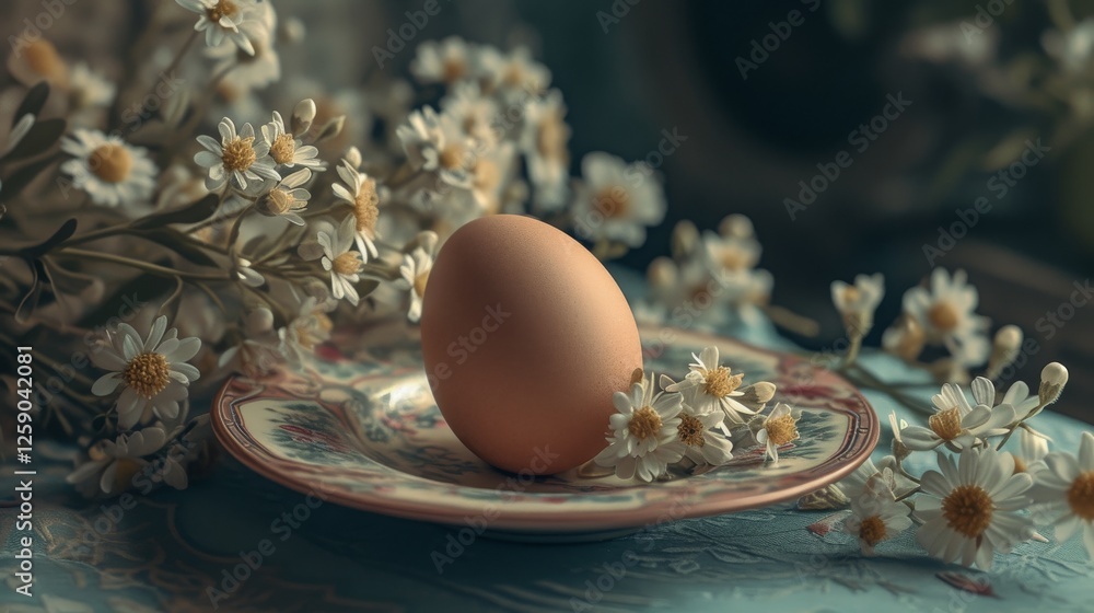 A single brown egg is placed on an intricately designed floral plate, surrounded by delicate white daisy-like flowers, creating a soft and elegant still life composition. AI generated.