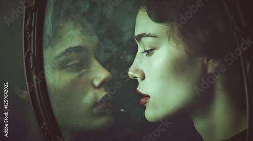 Obraz na płótnie A striking conceptual image of a woman staring at her reflection in a dimly lit mirror, evoking themes of introspection, mystery, and duality. AI generated. w salonie
