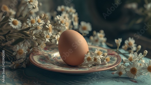 Obraz na płótnie A single brown egg is placed on an intricately designed floral plate, surrounded by delicate white daisy-like flowers, creating a soft and elegant still life composition. AI generated. w salonie