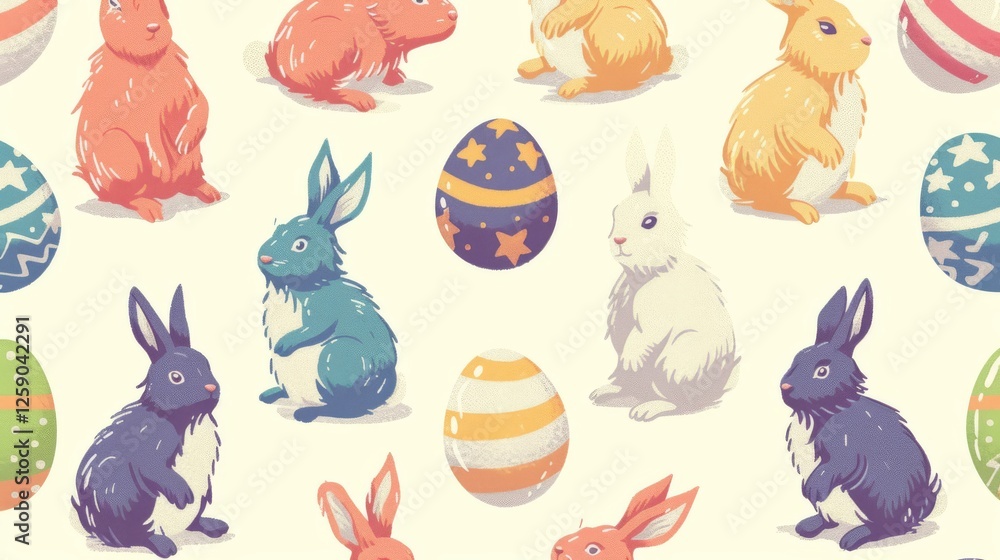 A cheerful seamless pattern featuring colorful rabbits and decorated Easter eggs on a light background. The soft pastel tones add a festive and whimsical touch, ideal for seasonal designs. AI
