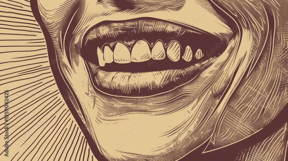 A detailed vintage-style digital illustration showcasing an expressive, wide-open laughing mouth with intricate line work and shading, evoking a sense of energy and joy. AI generated.