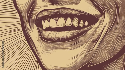 Obraz na płótnie A detailed vintage-style digital illustration showcasing an expressive, wide-open laughing mouth with intricate line work and shading, evoking a sense of energy and joy. AI generated. w salonie