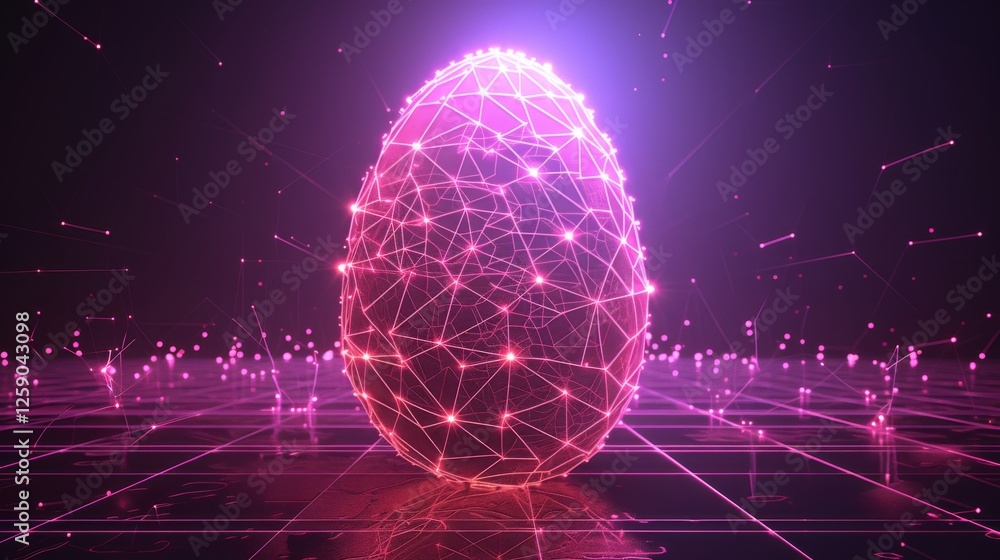 A glowing digital egg with neon pink network lines floating in a futuristic virtual landscape. The abstract design represents AI, blockchain, and technology evolution. AI generated.