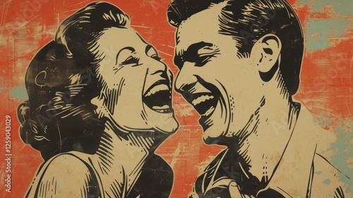 A vintage-inspired pop art illustration of a joyful couple laughing together. The distressed texture and bold colors enhance the nostalgic mid-century aesthetic. AI generated.