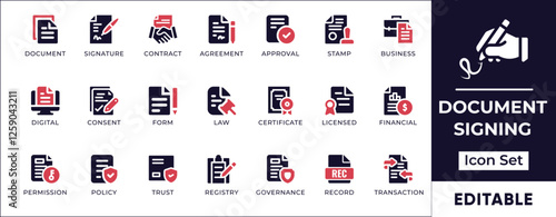 Flat document signing icon set featuring contract approvals, legal agreements, electronic signatures, paperwork authentication, and official documentation. Perfect for business and corporate projects.