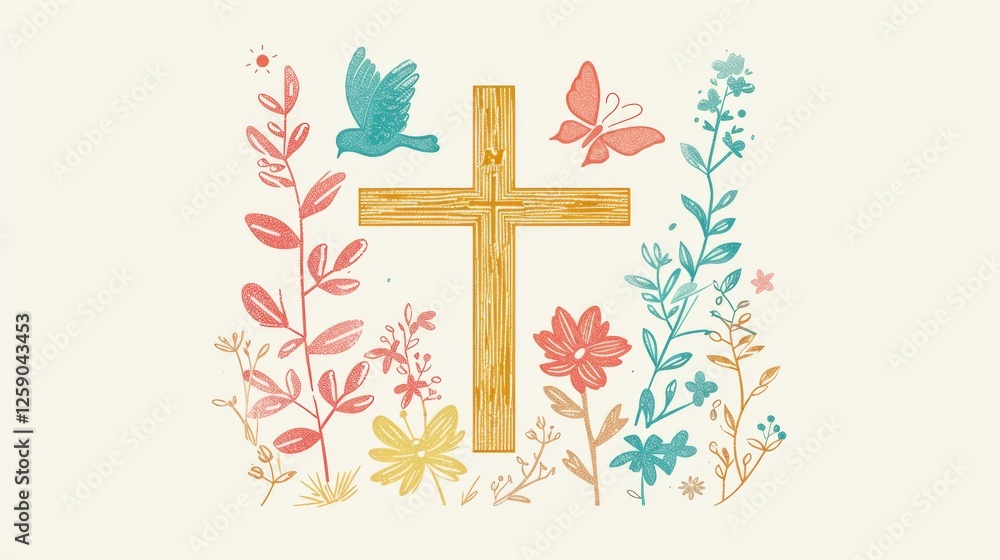 A beautifully illustrated gold cross surrounded by colorful flowers, butterflies, and a bird. The design radiates spirituality, peace, and harmony with nature. AI generated.