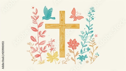 Obraz na płótnie A beautifully illustrated gold cross surrounded by colorful flowers, butterflies, and a bird. The design radiates spirituality, peace, and harmony with nature. AI generated. w salonie