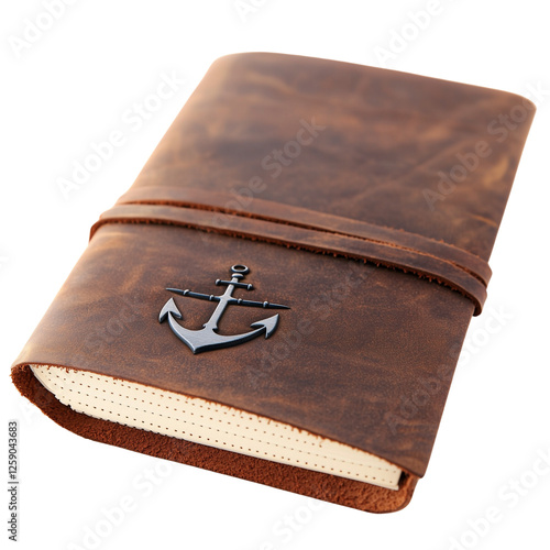 Worn-out leather journal with a nautical emblem photo