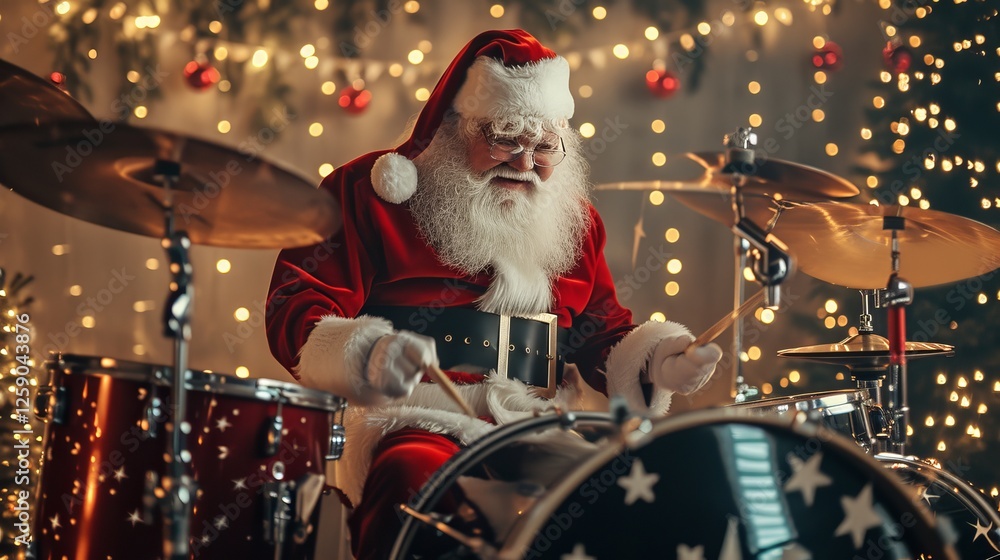 Santa Claus plays drums in a warmly lit holiday setting, surrounded by twinkling Christmas lights. A festive and cheerful musical performance. AI generated.