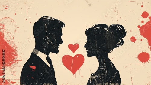A striking digital illustration of a silhouetted couple gazing at each other with artistic heart elements in the background, evoking deep romantic emotions. The vintage style adds nostalgic charm. AI