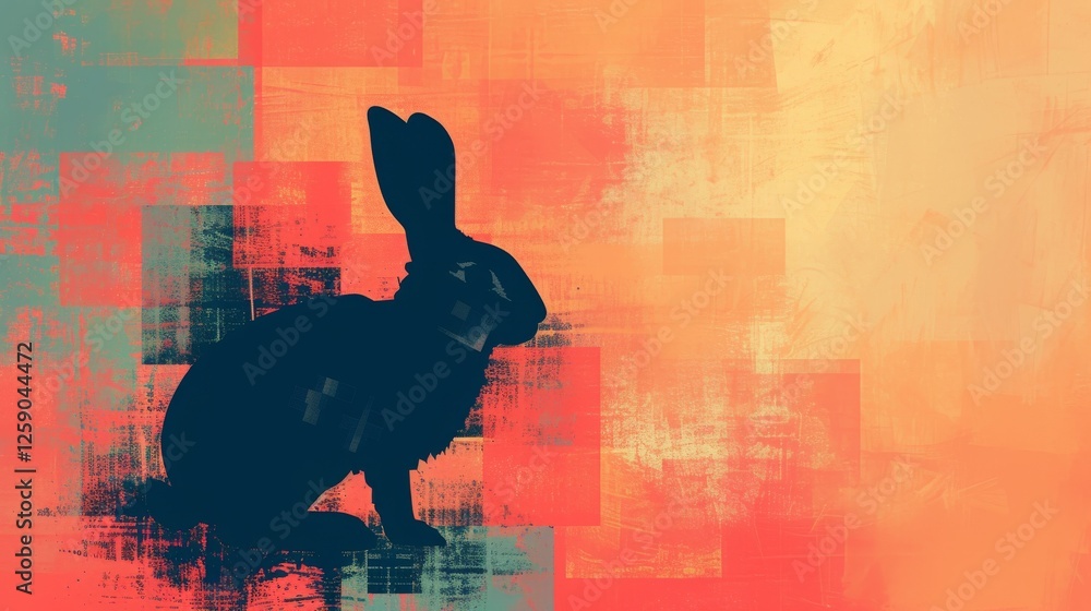 AI-generated digital artwork of a rabbit silhouette against a textured, abstract grunge background. The combination of pixelation and rough textures creates a modern, edgy visual. AI generated.