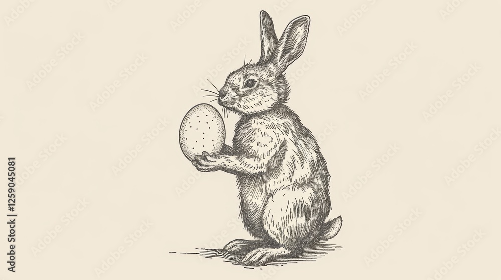 A classic hand-drawn illustration of an Easter bunny holding a decorated egg, rendered in a vintage engraving style. This AI-generated artwork evokes nostalgia and traditional holiday aesthetics. AI