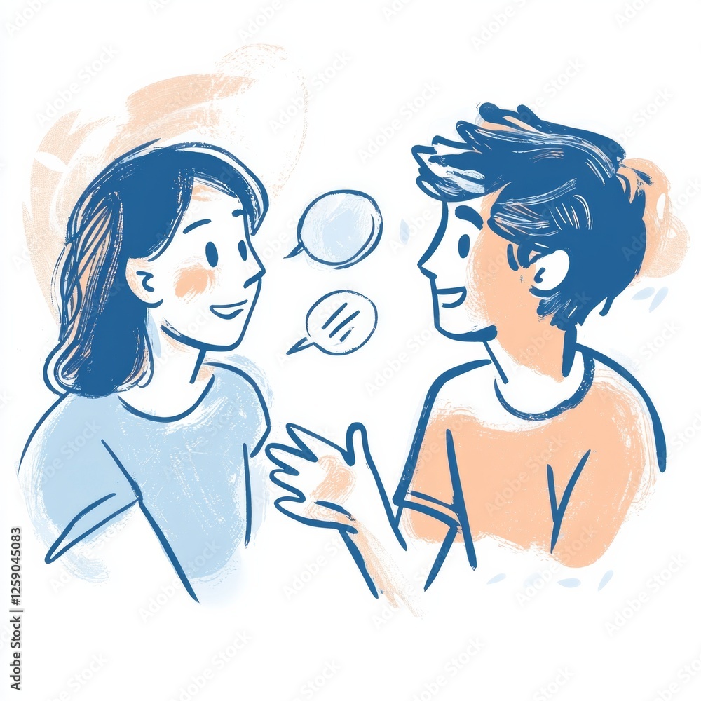 Friendly conversation sketch: two animated characters engaging happily Friendly conversation sketch: two animated characters engaging happily