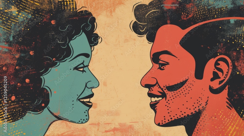 A bold and colorful pop art digital illustration of a smiling couple facing each other. The retro-style design and textured background enhance the artistic and expressive feel. AI generated.