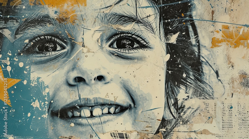 Abstract portrait of a smiling child with textured overlays, blending dynamic colors and patterns for a lively and artistic visual. AI generated.