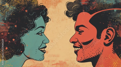 Obraz na płótnie A bold and colorful pop art digital illustration of a smiling couple facing each other. The retro-style design and textured background enhance the artistic and expressive feel. AI generated. w salonie