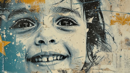 Obraz na płótnie Abstract portrait of a smiling child with textured overlays, blending dynamic colors and patterns for a lively and artistic visual. AI generated. w salonie