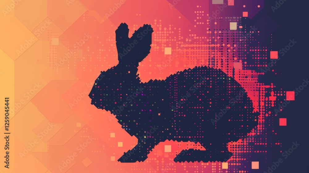 AI-generated digital artwork of a rabbit silhouette composed of pixelated dots and squares against a gradient background. A fusion of nature and technology in abstract style. AI generated.