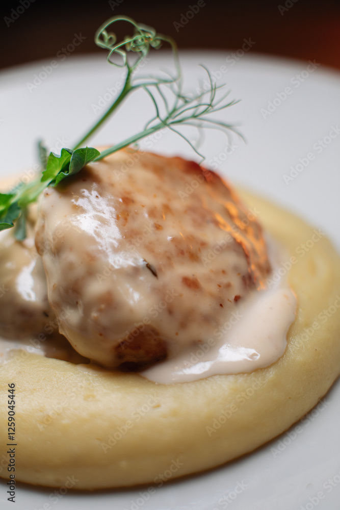 Delicious cutlets with airy mashed potatoes served in the restaurant. The perfect photo for a menu, culinary blog, or an advertisement for catering establishments. Delicious cutlets with airy mashed potatoes served in the restaurant. The perfect photo for a menu, culinary blog, or an advertisement for catering establishments.