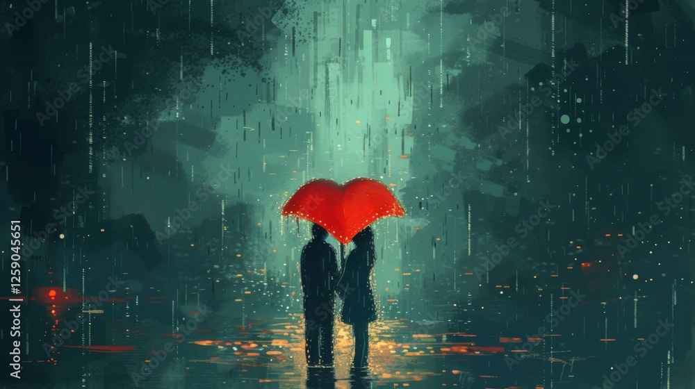 A digital painting of a couple standing in the rain under a red heart-shaped umbrella, illuminated by city lights reflecting on wet streets. A dreamy, romantic scene. AI generated.