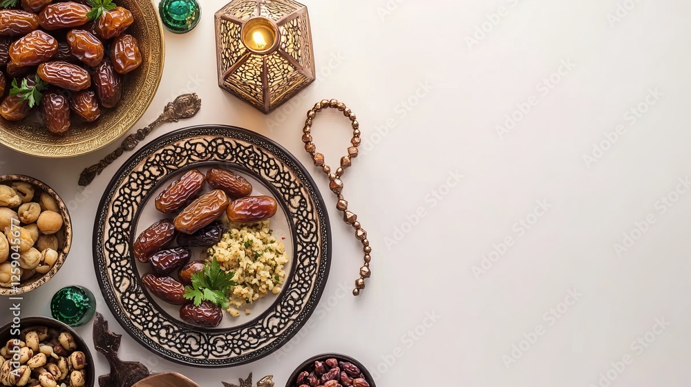 Muslim Ramadan iftar food and symbols, including dates, a lantern, and a rosary, are arranged on a white background in celebration of the breaking of the fast during the month of Ramadan. Muslim Ramadan iftar food and symbols, including dates, a lantern, and a rosary, are arranged on a white background in celebration of the breaking of the fast during the month of Ramadan.