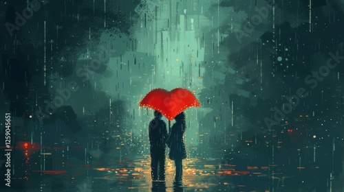 Obraz na płótnie A digital painting of a couple standing in the rain under a red heart-shaped umbrella, illuminated by city lights reflecting on wet streets. A dreamy, romantic scene. AI generated. w salonie