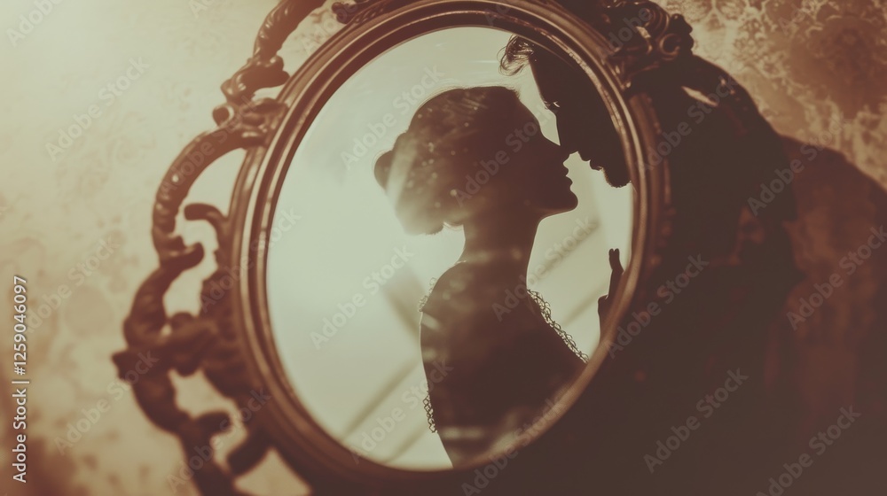 A vintage-inspired artistic composition capturing the silhouette of a couple in an ornate mirror, evoking themes of love, nostalgia, and timeless romance. AI generated.