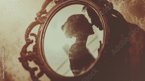 Obraz na płótnie A vintage-inspired artistic composition capturing the silhouette of a couple in an ornate mirror, evoking themes of love, nostalgia, and timeless romance. AI generated. w salonie