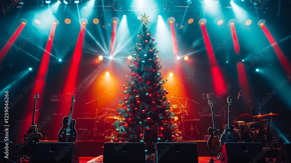 A majestic Christmas tree adorned with red and gold ornaments is the focal point of a concert stage, with electric guitars on both sides and stunning beams of light creating a dynamic atmosphere. AI