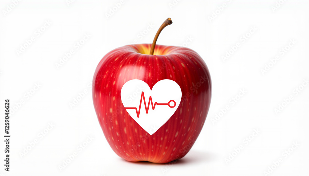 Obraz premium Red apple with heart logo on white background, symbolizing health