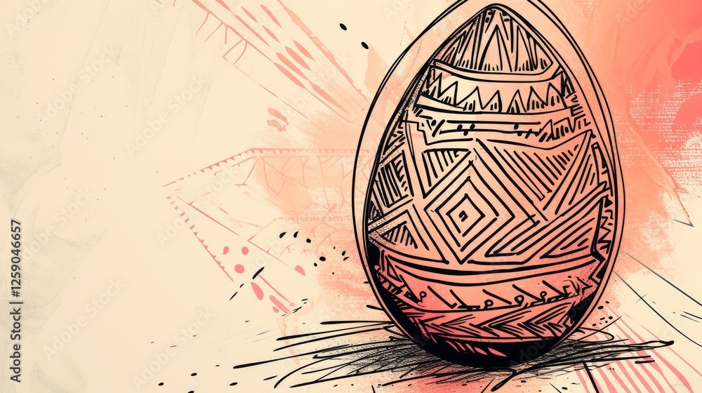 A creative digital illustration of an Easter egg adorned with intricate tribal patterns, surrounded by abstract ink splashes. The sketch-style enhances its artistic appeal. AI generated.