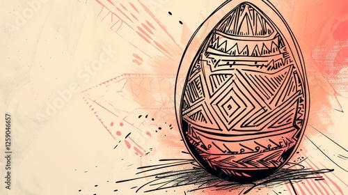 Obraz na płótnie A creative digital illustration of an Easter egg adorned with intricate tribal patterns, surrounded by abstract ink splashes. The sketch-style enhances its artistic appeal. AI generated. w salonie