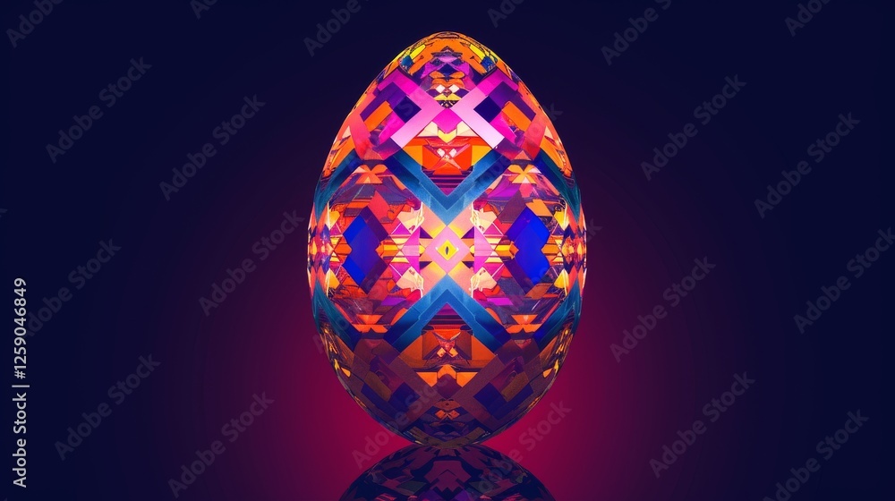 A digitally created egg with intricate geometric patterns in vibrant neon hues, set against a dark background. The design symbolizes futuristic creativity and abstract art. AI generated.