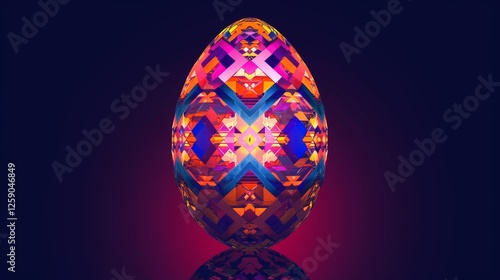 Obraz na płótnie A digitally created egg with intricate geometric patterns in vibrant neon hues, set against a dark background. The design symbolizes futuristic creativity and abstract art. AI generated. w salonie